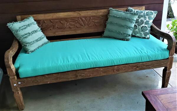 Carved Bench with Turquoise Cushions