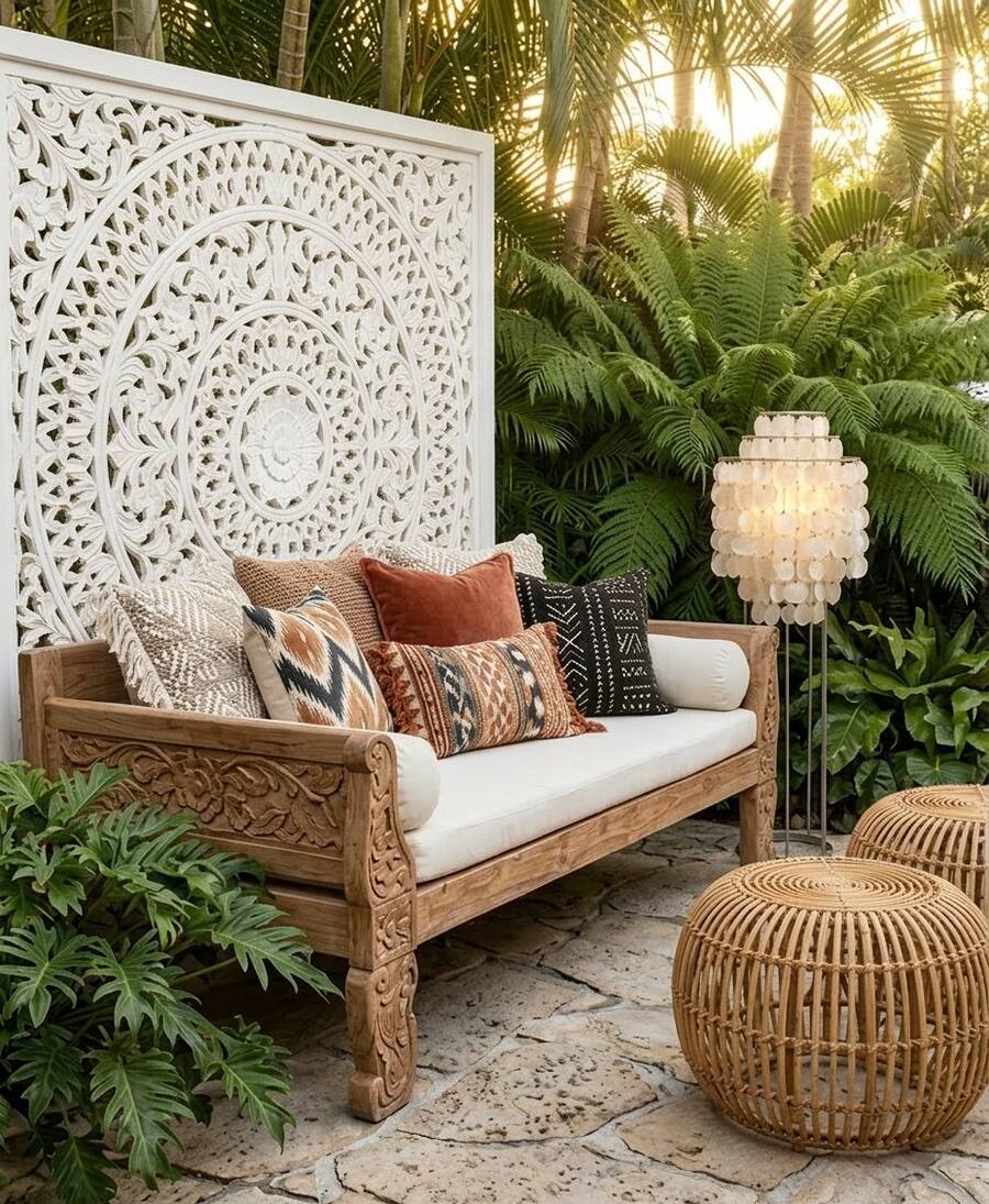 Carved teak daybed styled in tropical garden